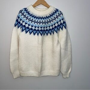 Women’s Wool Fair Isle Sweater XL Handmade Ivory & Blue EUC Heavyweight vtg